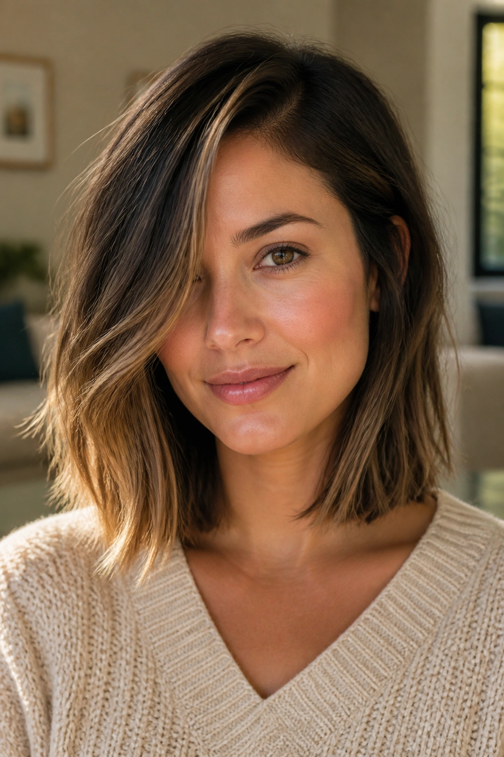 Close-up of a real woman with a collarbone-length lob and deep side part, soft bend in the mid-lengths.