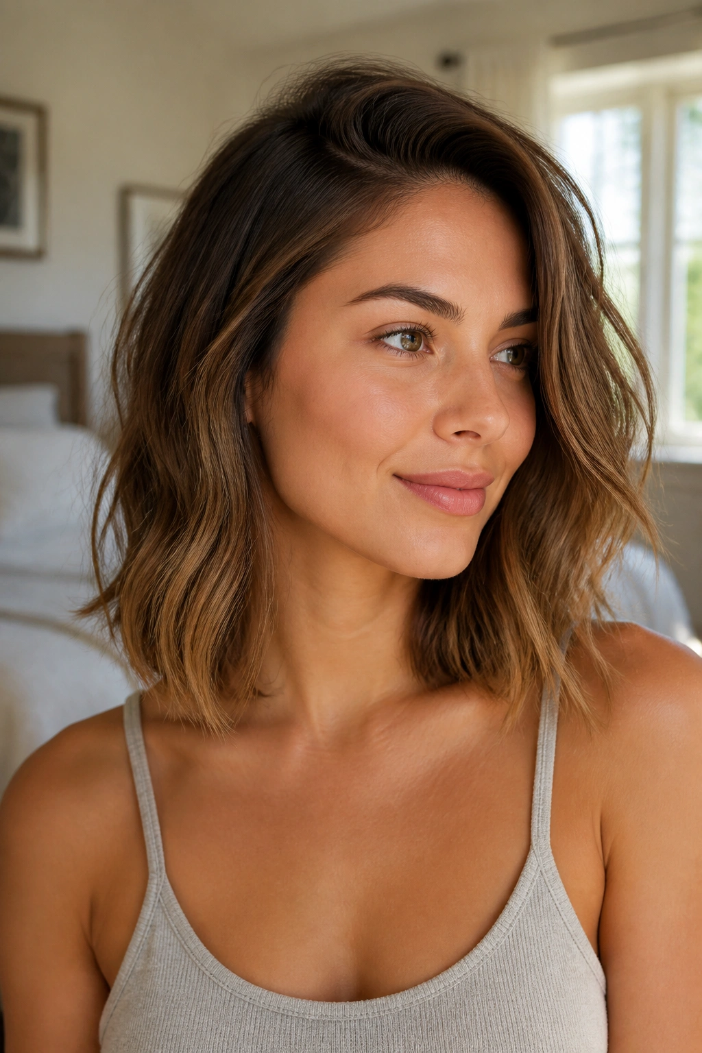 Close-up of collarbone-length lob with soft side part on a real woman, warm window light.