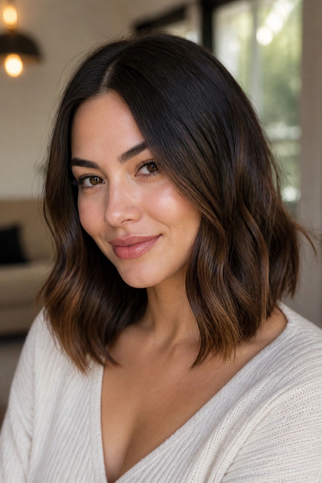 Real woman with collarbone-length lob and soft bends, glossy finish.