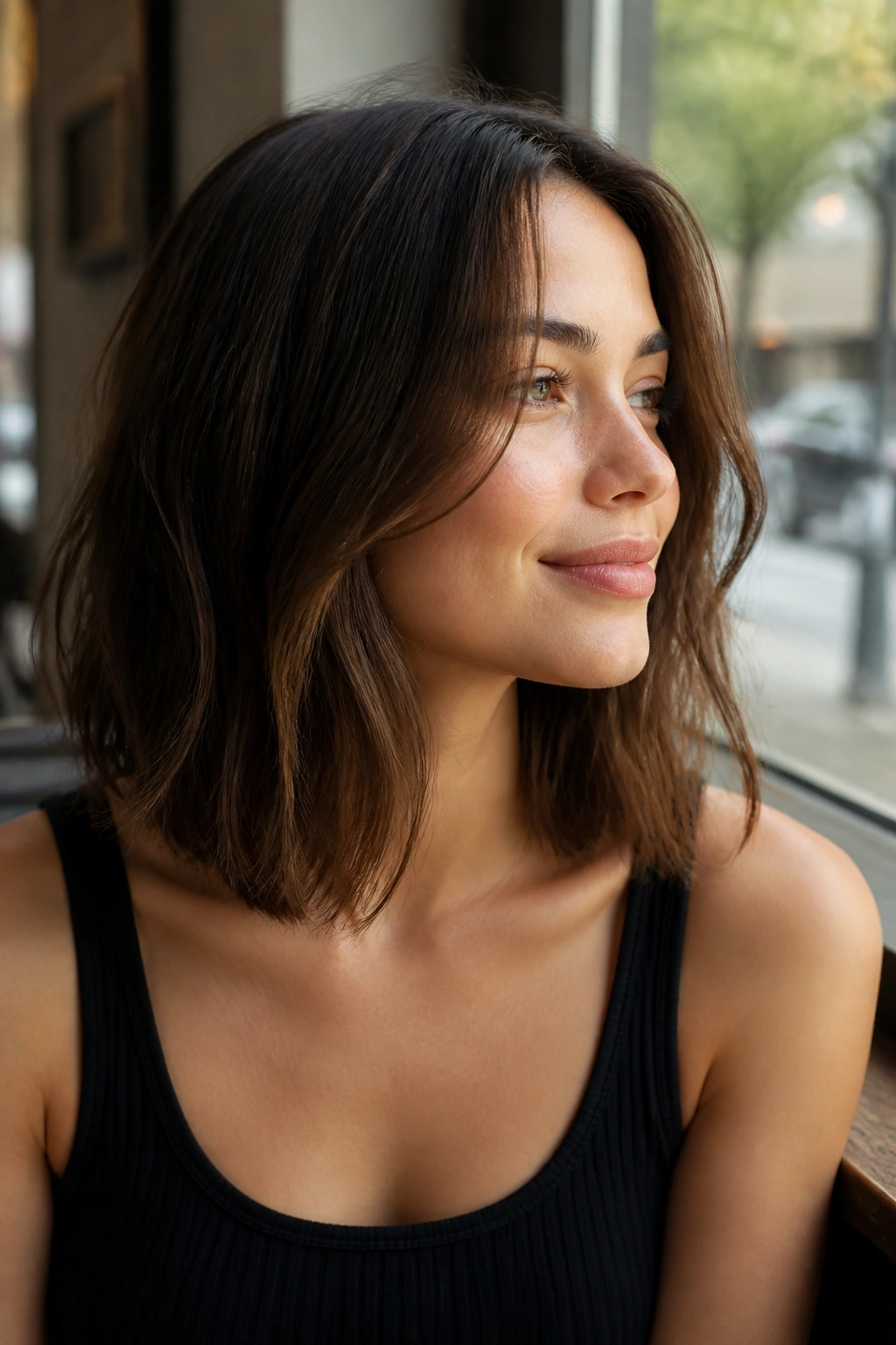 Real woman with collarbone-length lob and soft ends, portrait in sunlit cafe setting.