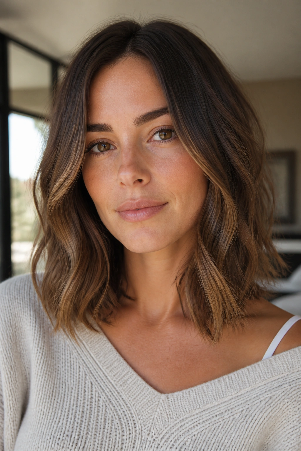 Close-up of a real woman with a collarbone-length lob and soft waves.