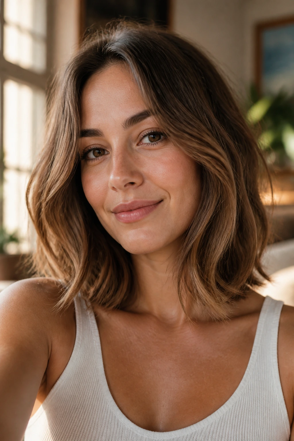 Close-up of a real woman with a collarbone-length lob and soft texture.