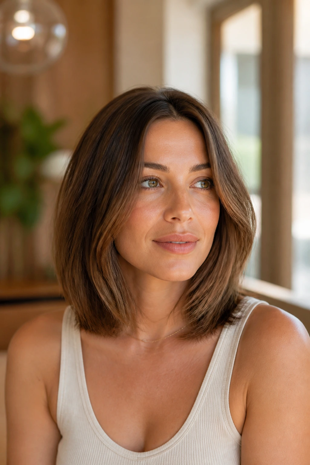Close-up portrait of a real woman with a collarbone-length lob grazing the collarbone.