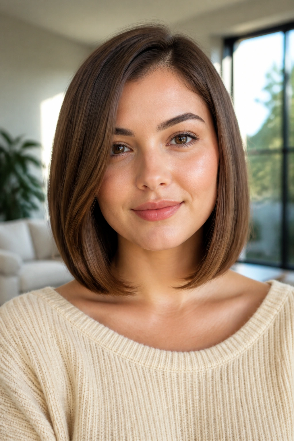Close-up of a real person with collarbone-length lob and tucked-under ends