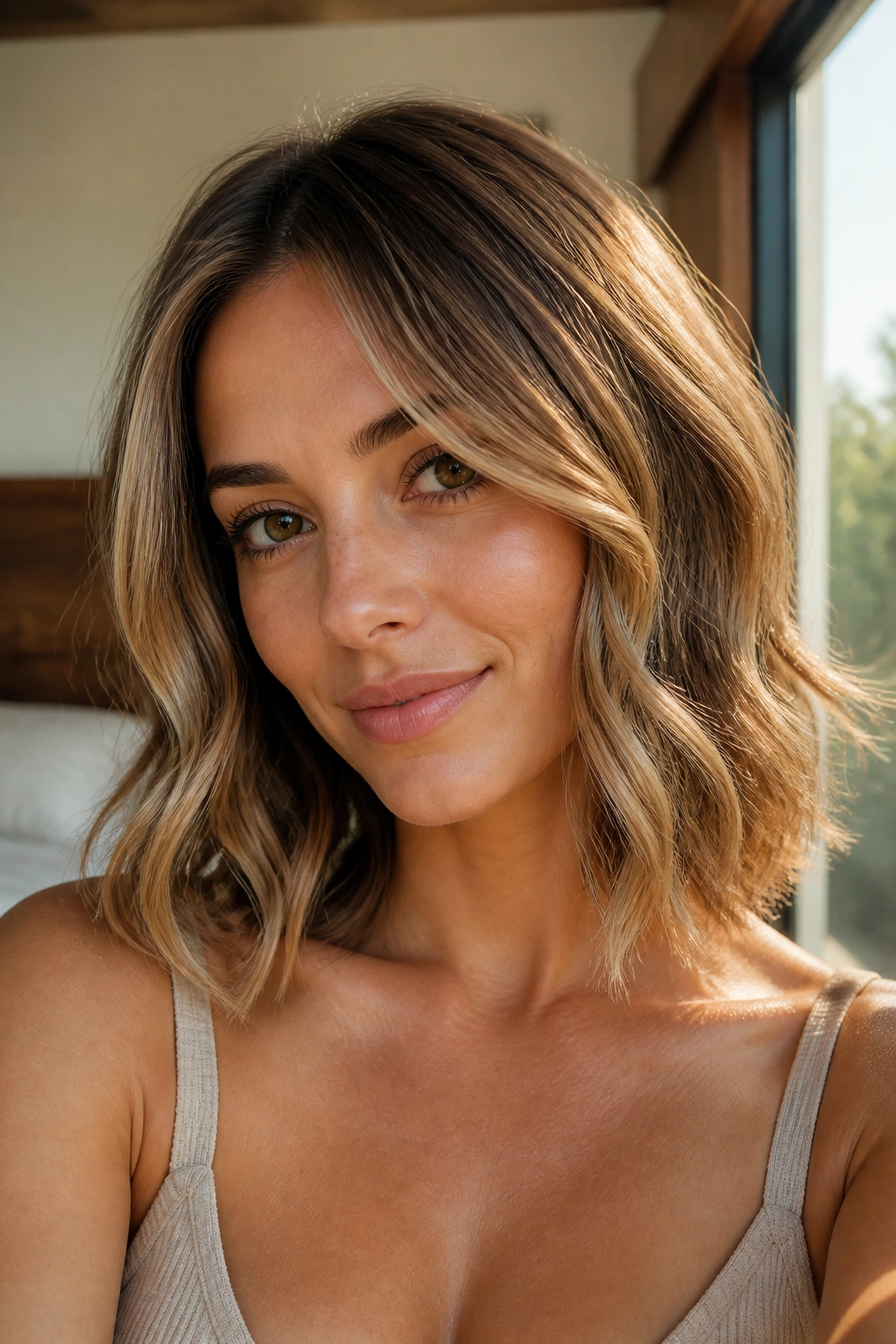 Close-up portrait of a real woman with a collarbone-length lob and face-framing waves in natural window light