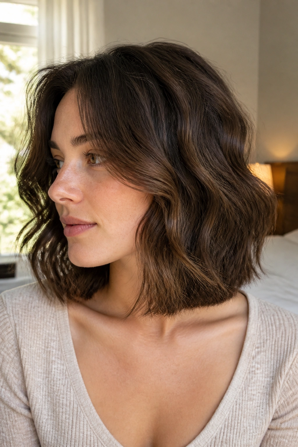 Real person with collarbone-length lob on thick wavy hair showing subtle internal layers
