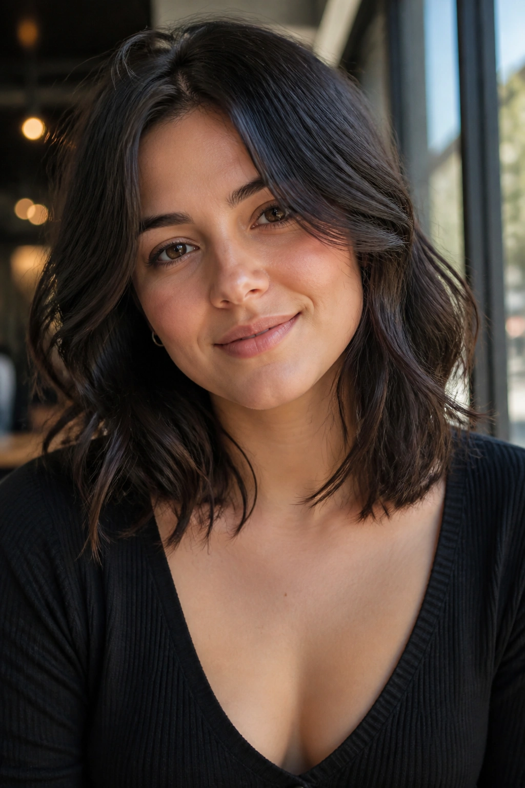 Medium close-up of a real person with collarbone-length lob and soft waves in cafe daylight