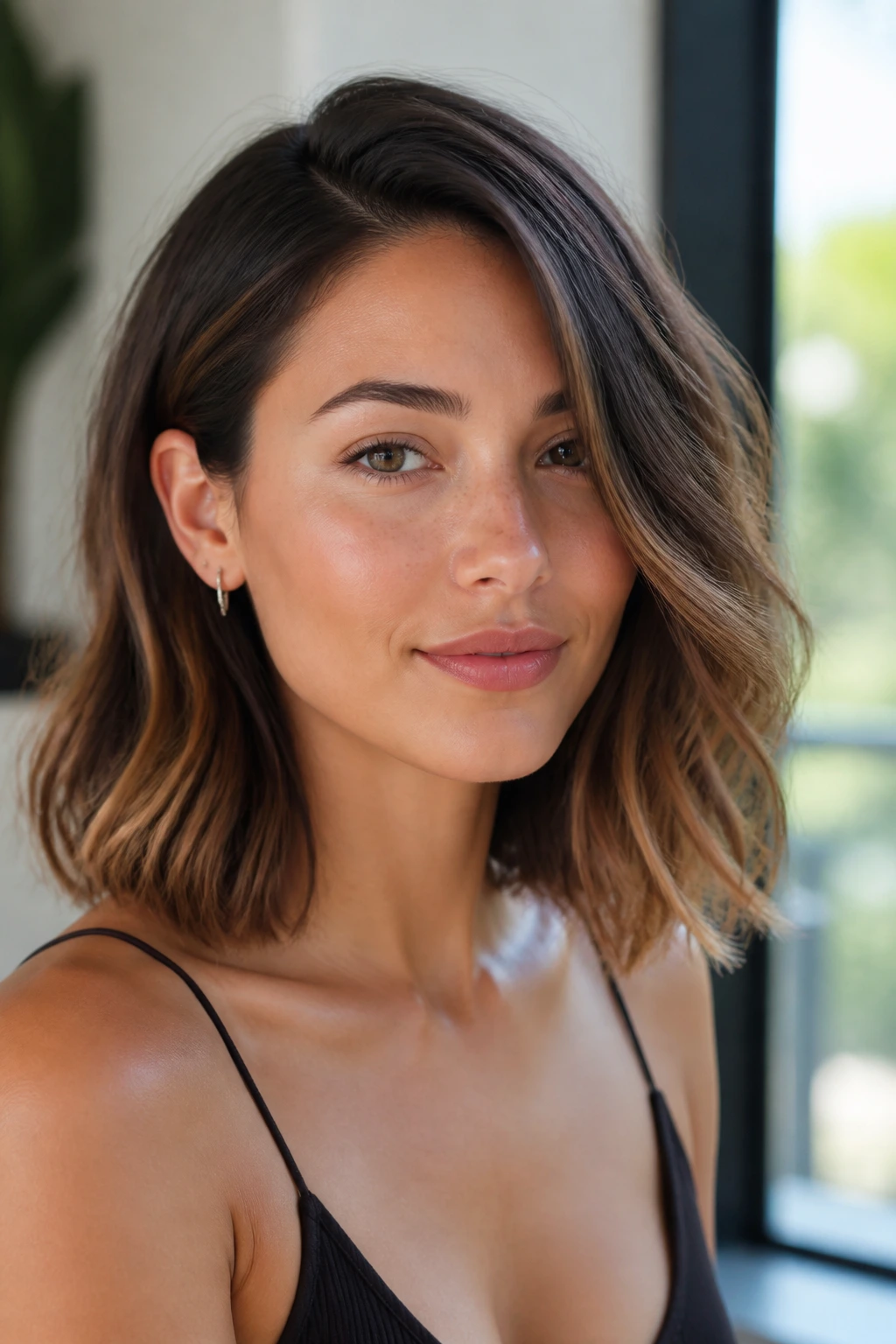 Portrait of a woman with a collarbone-length lob and soft waves.