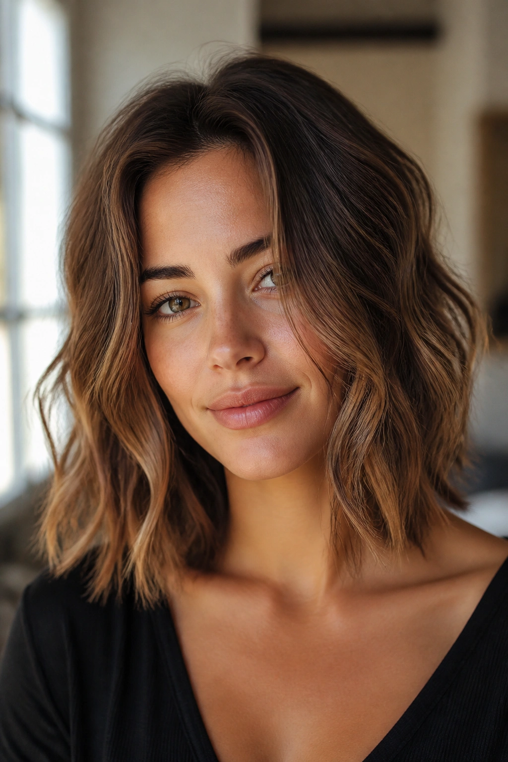 Real woman with collarbone-length lob and airy waves