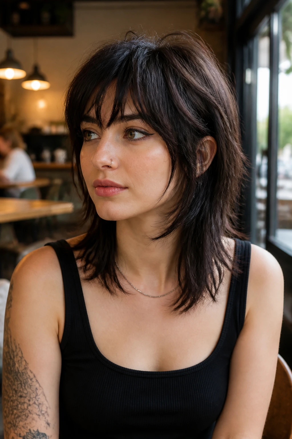 Profile portrait of a real woman with mullet-forward wolf cut at collarbone length.