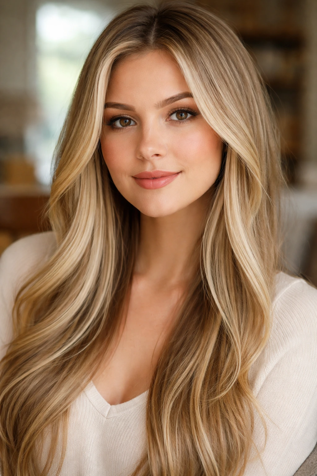Close-up of a real woman with collarbone-broadening ribbons along the jawline to the collarbone.