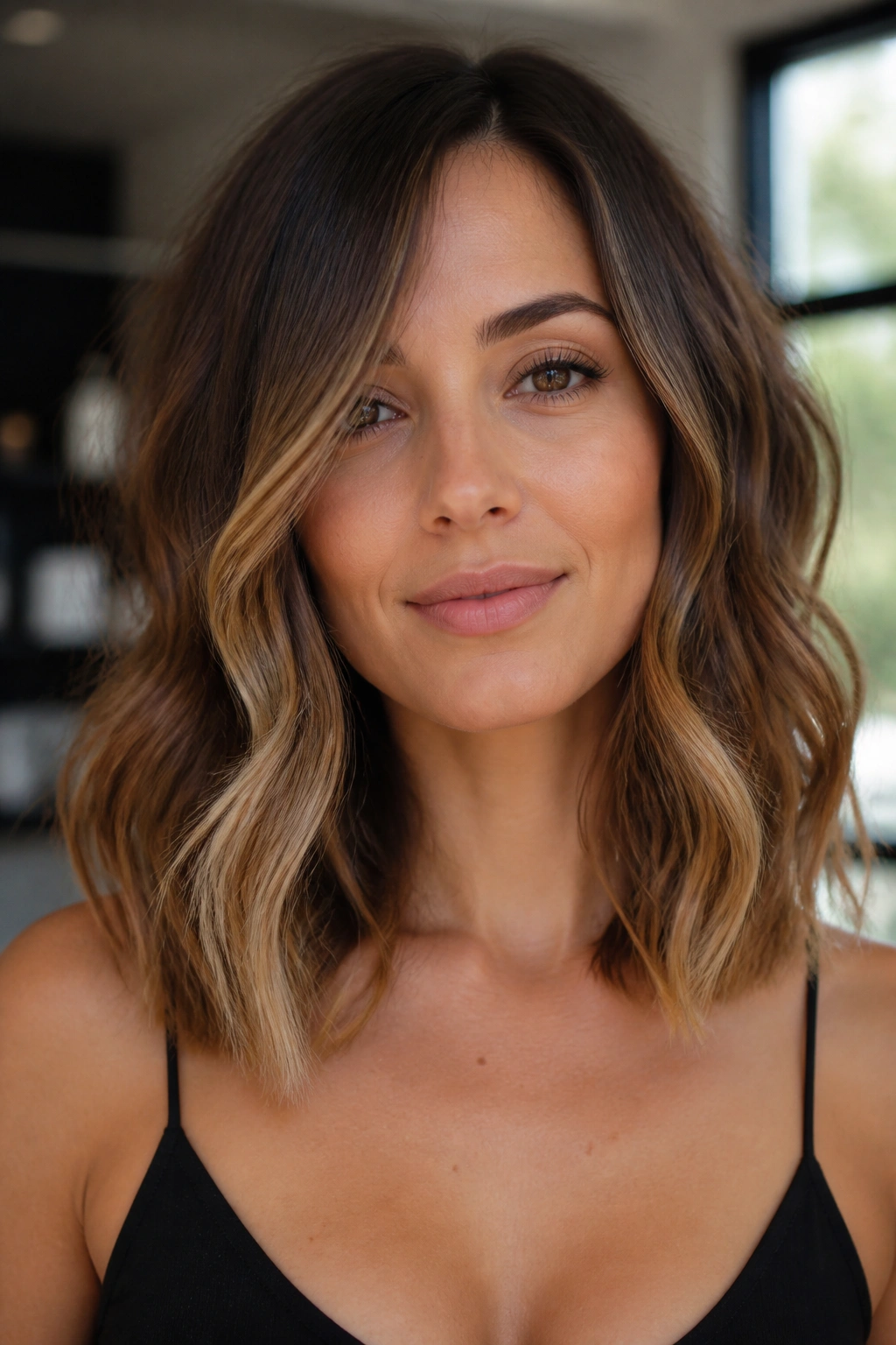Close-up of a real woman showing collarbone-bright caramel ribbons on a wavy lob