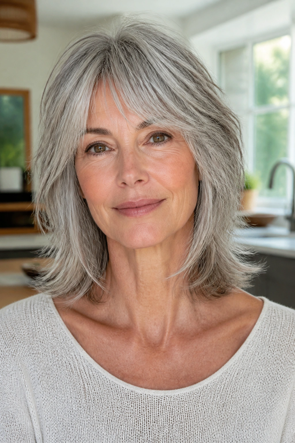 Close-up of a woman with collarbone-length shag and airy ends in natural light.