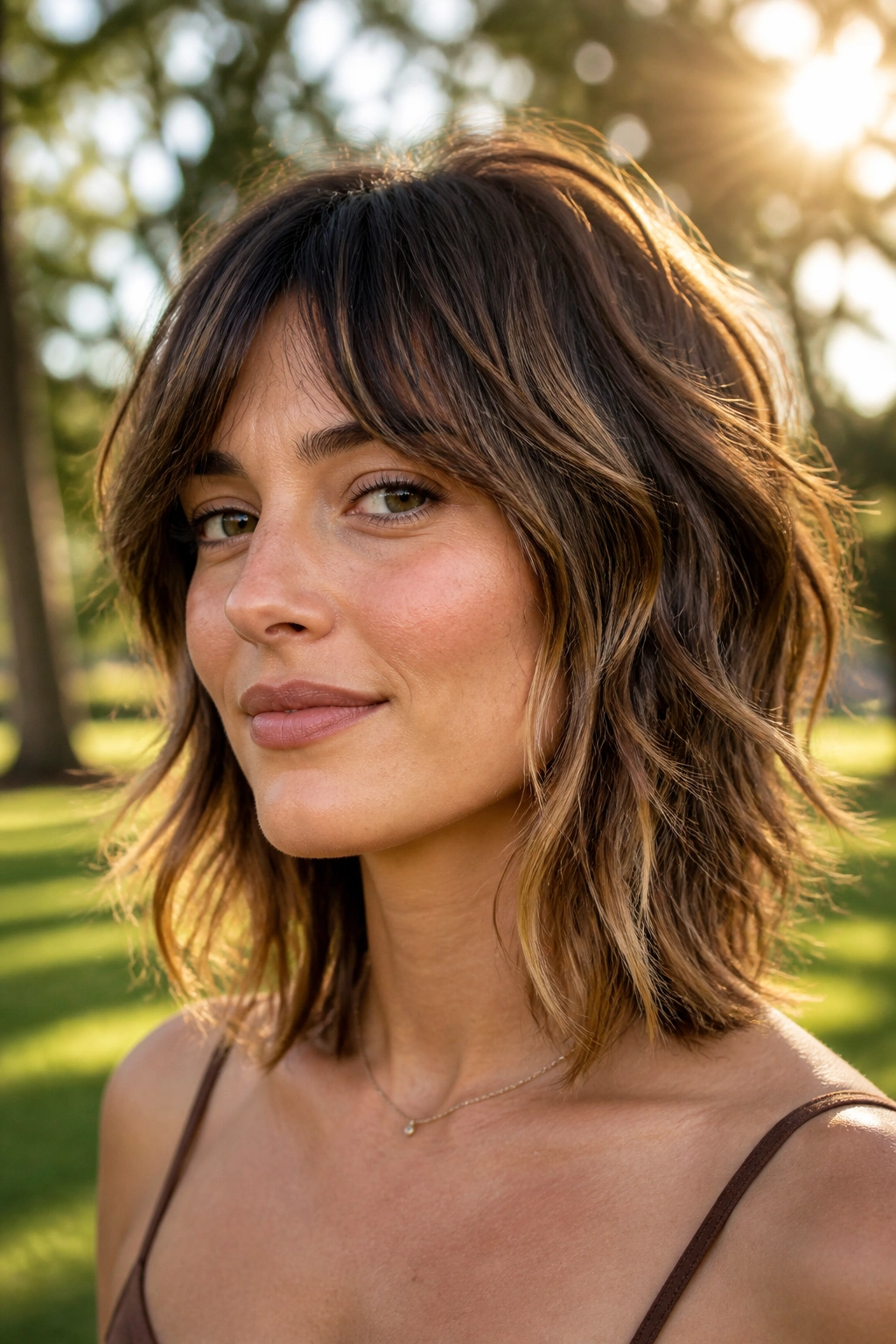 Real woman with collarbone-length shag having airy ends and front layers