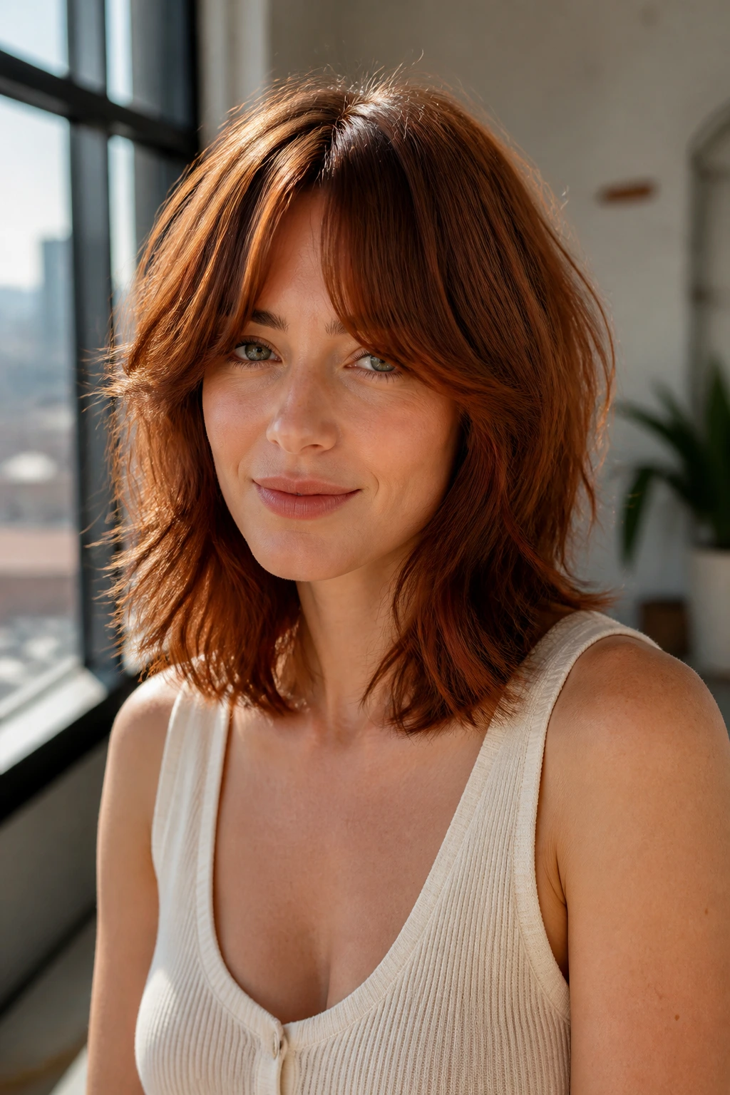 Medium close-up of real woman with collarbone shag and curtain bangs in auburn
