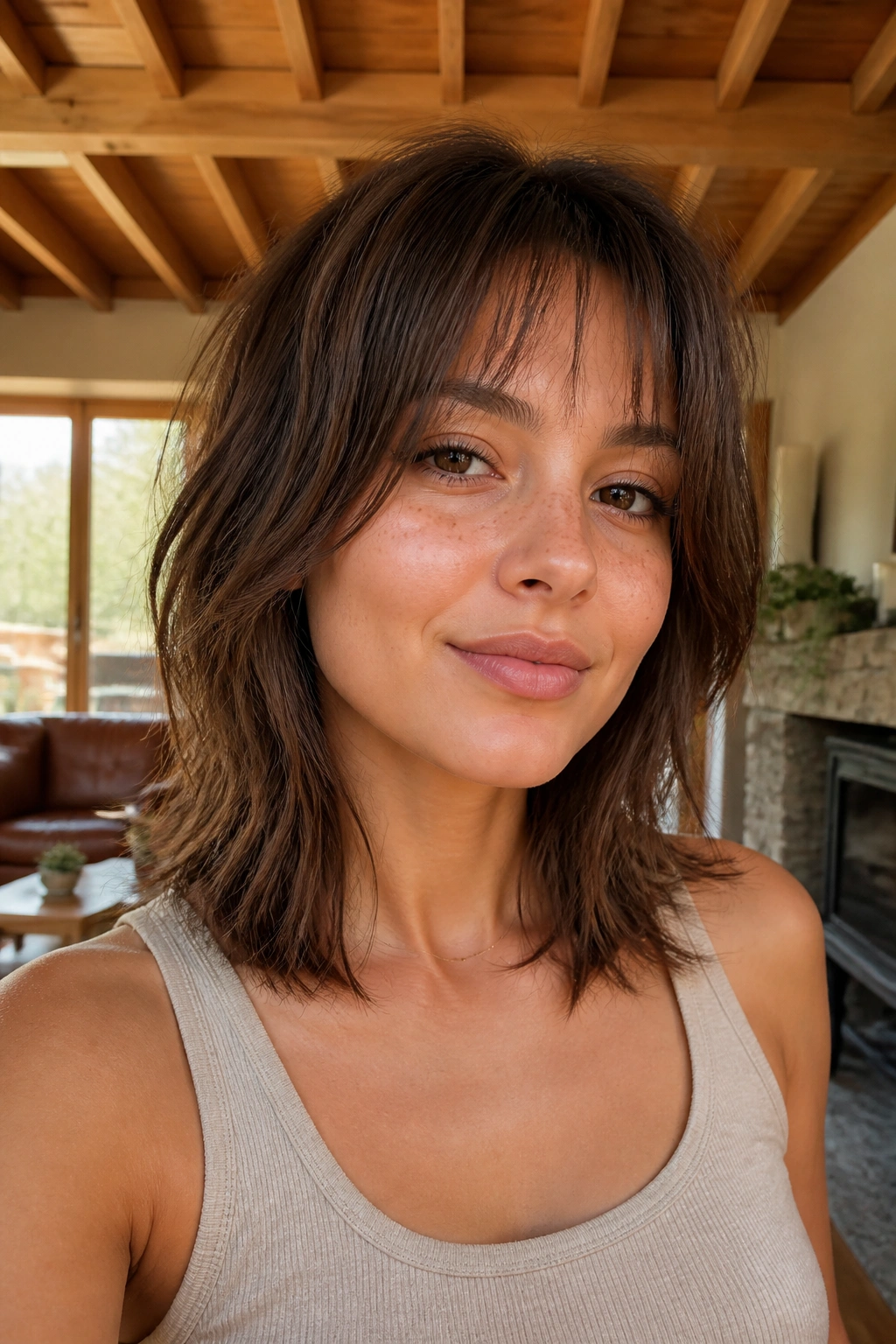 Close-up portrait of a real woman with collarbone-length shag and barely-there bangs