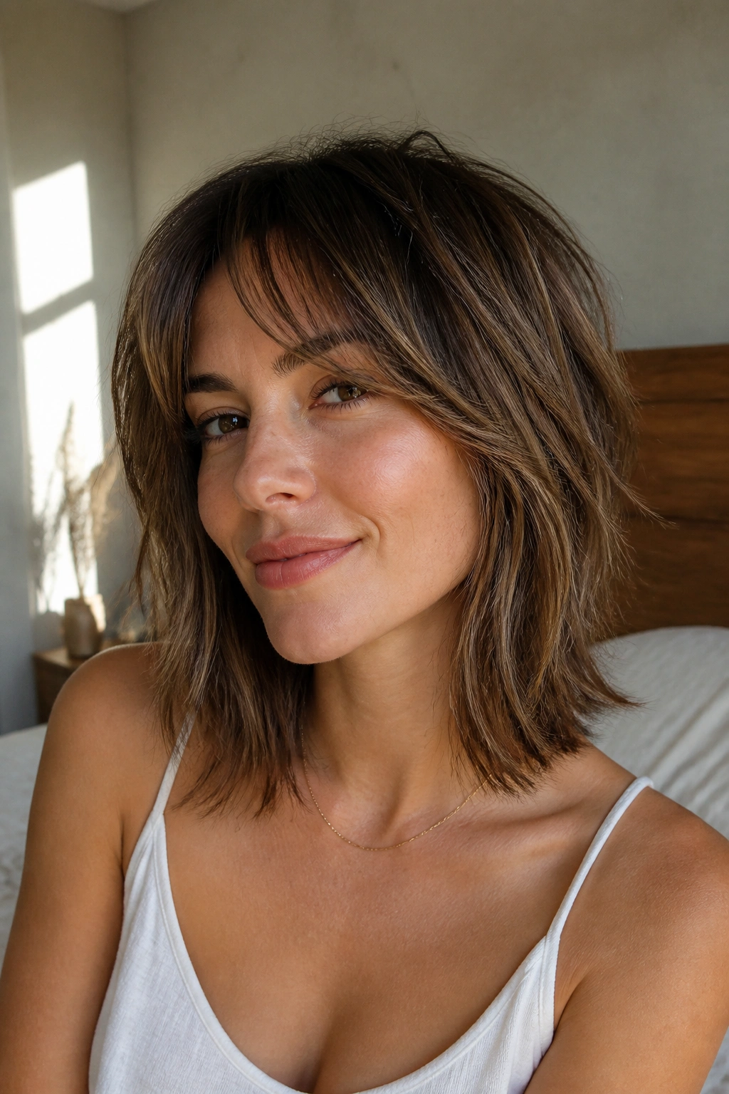 Close-up portrait of a woman with collarbone-length boho shag and soft ends in warm window light