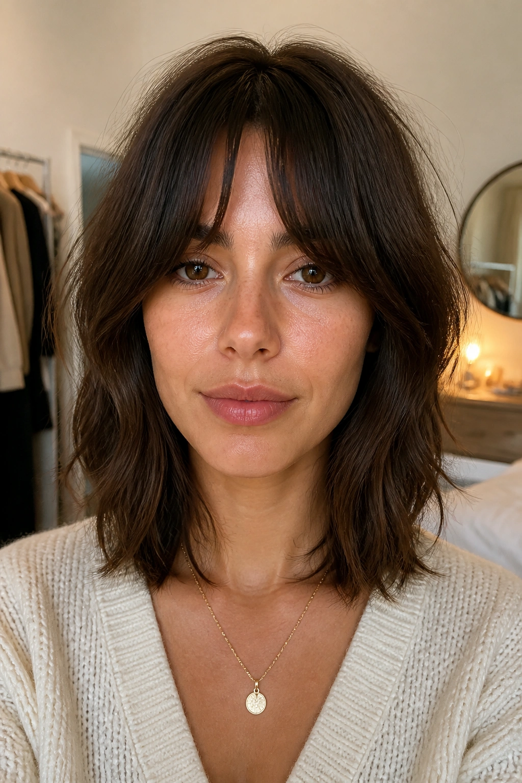 Portrait of real person with collarbone shag and bottleneck bangs in warm light