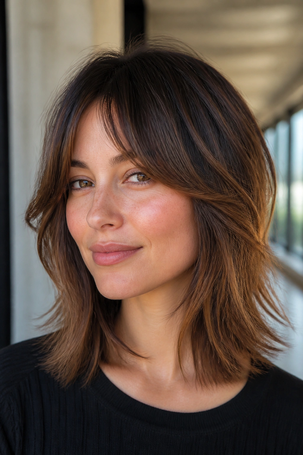 Portrait of a woman with collarbone-length shag and bottleneck bangs.