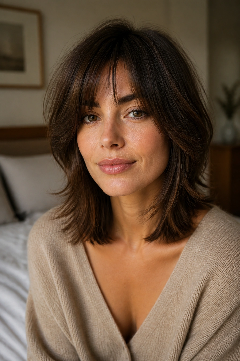 Close-up brunette woman with feathered collarbone shag in natural window light