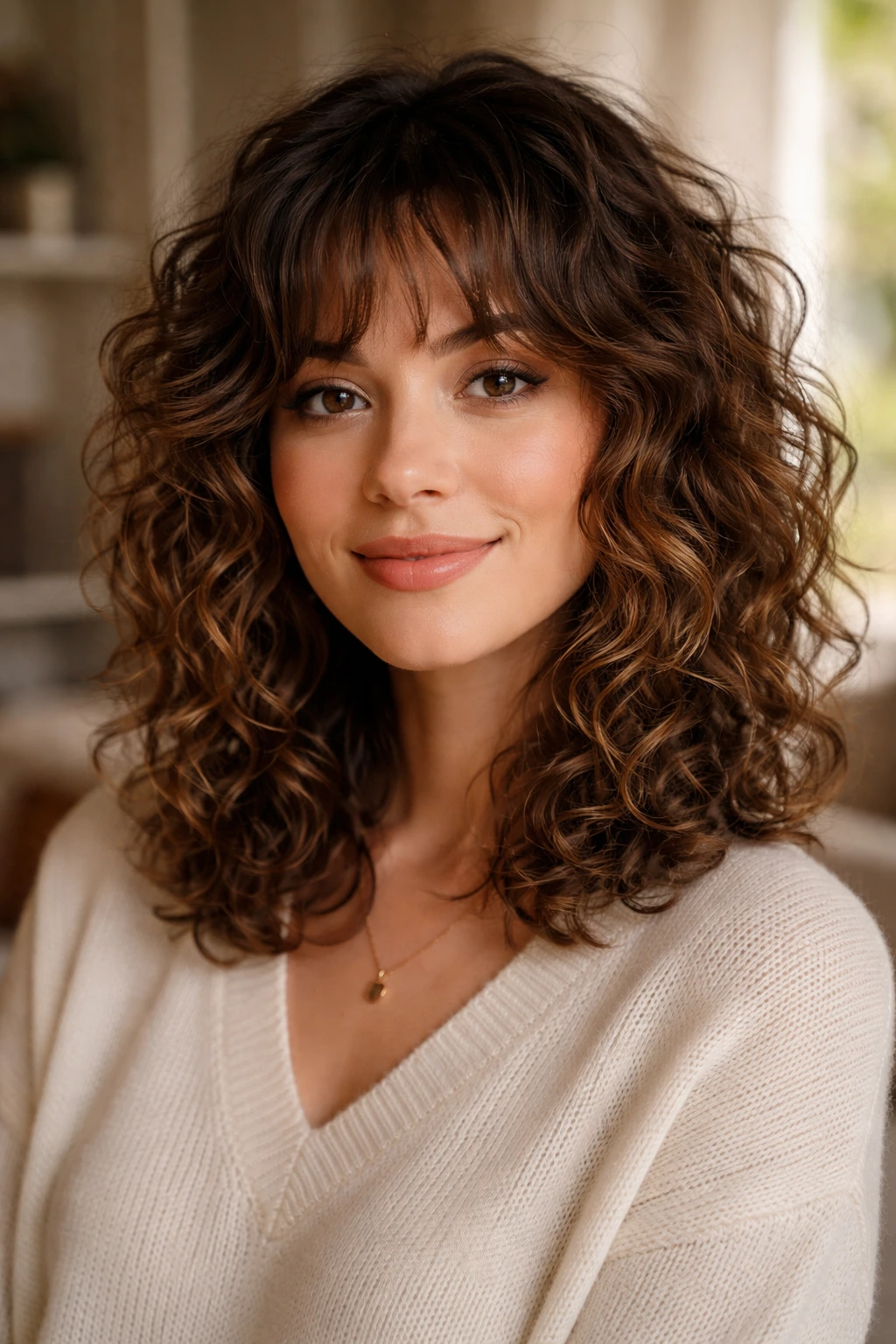Close-up of a real woman with a collarbone-length curly shag hairstyle
