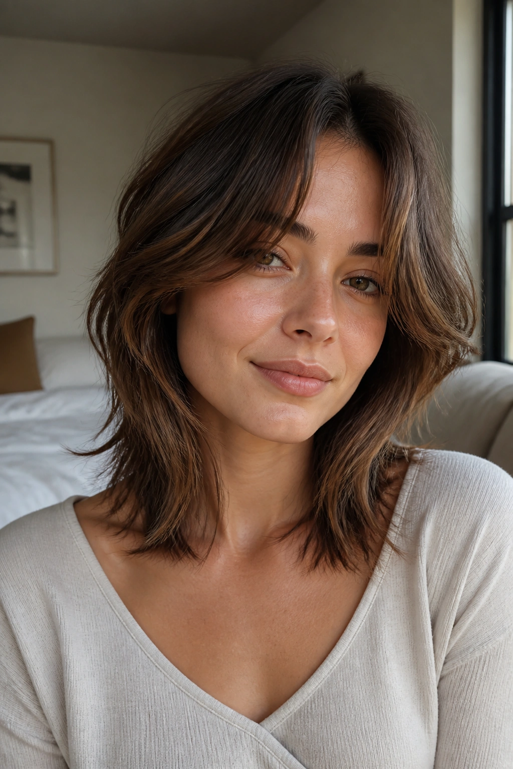 Close-up of a real woman with a collarbone-length shag and curtain bangs