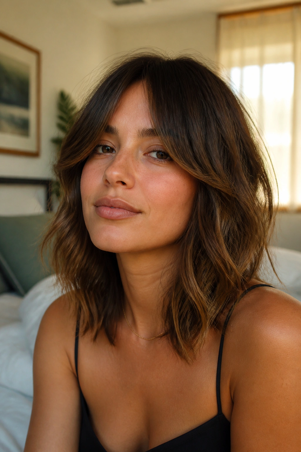Close-up portrait of a real woman with collarbone-length shag and curtain bangs in warm window light