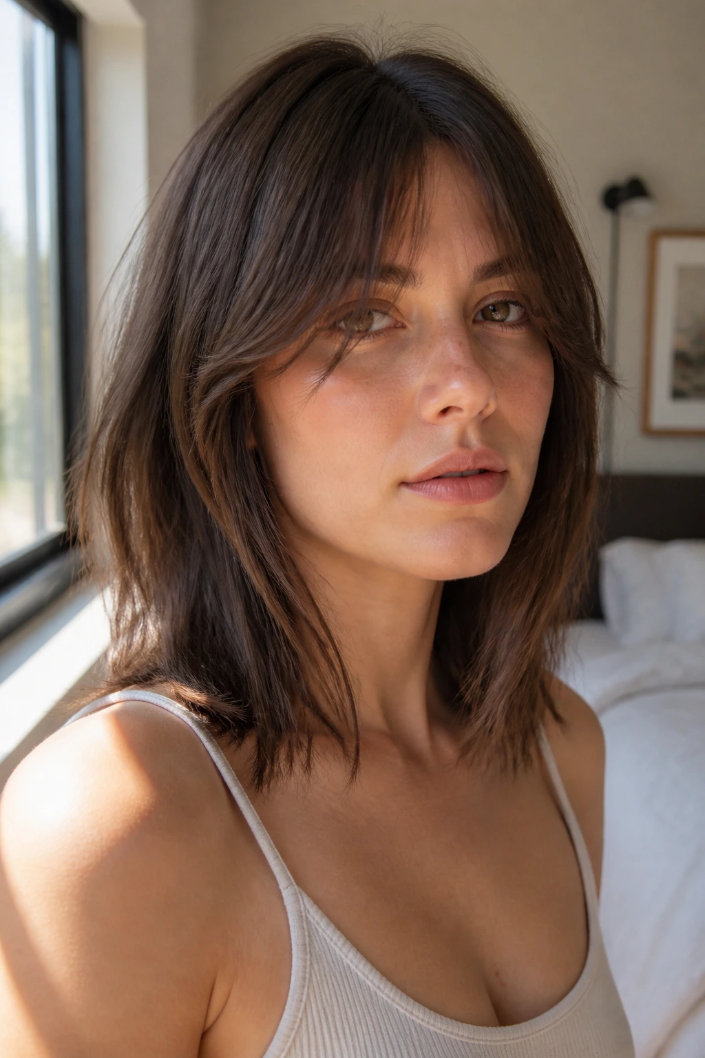 Collarbone shag curtain bangs close-up portrait of a real woman in warm window light