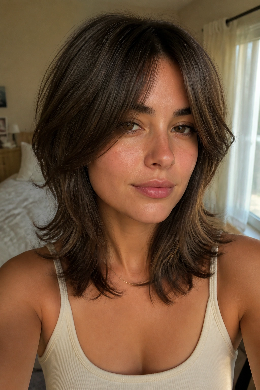 Close-up of a woman with collarbone-length shag and curtain bangs in warm window light.