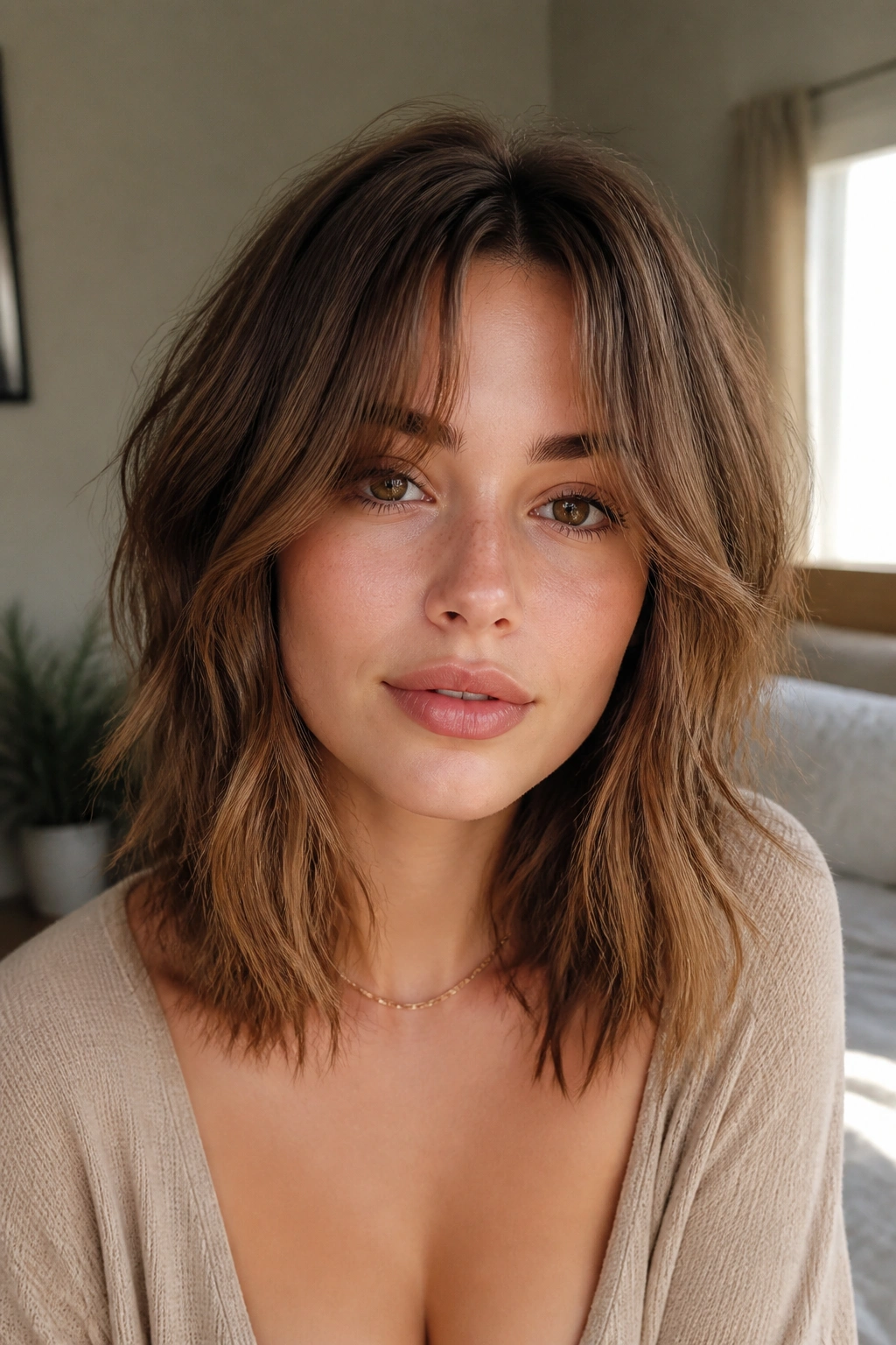 Close-up portrait of a real woman with collarbone shag and curtain bangs, soft window light