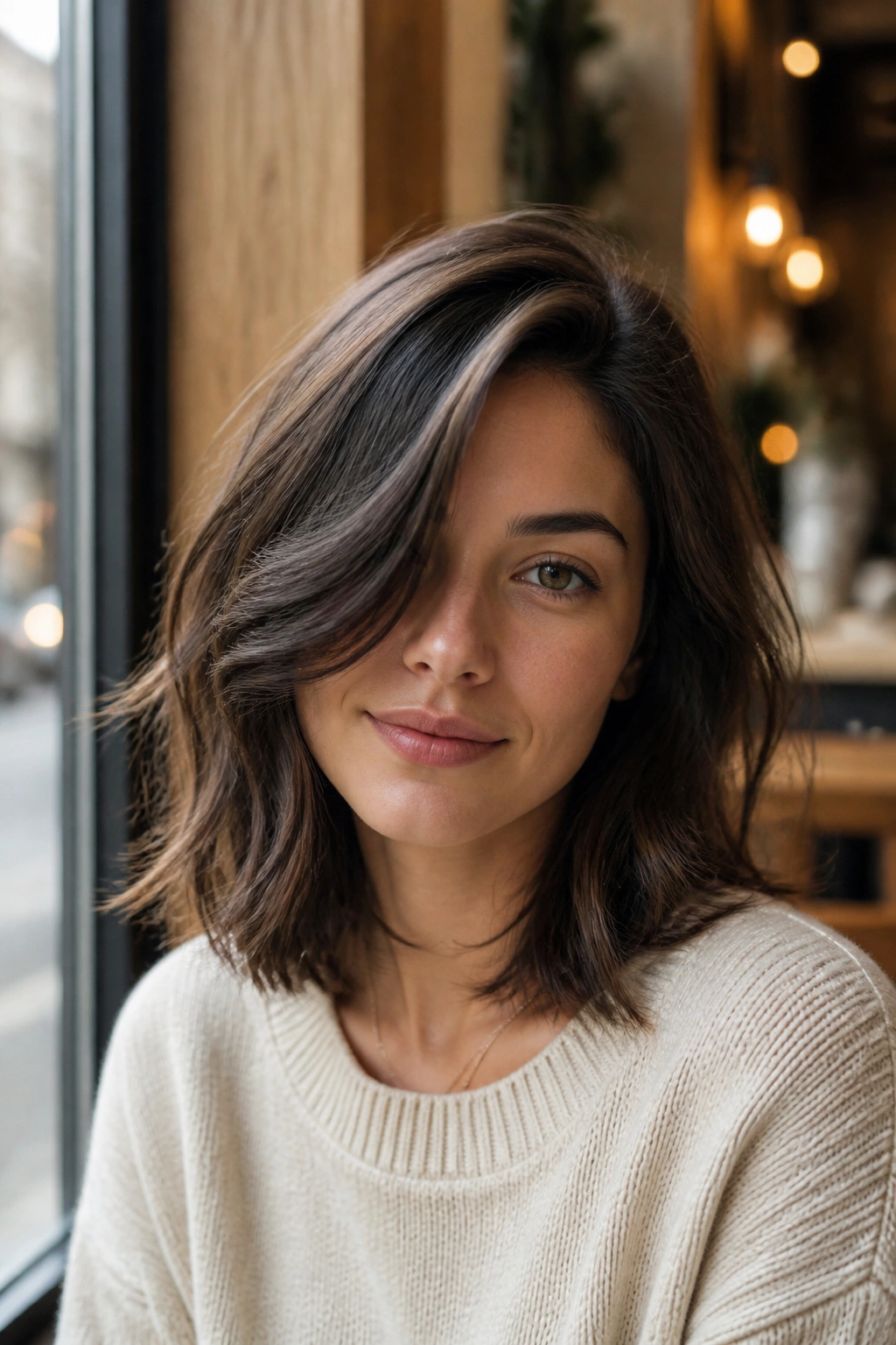 Portrait of a real woman with collarbone-length shag and deep side part in natural daylight