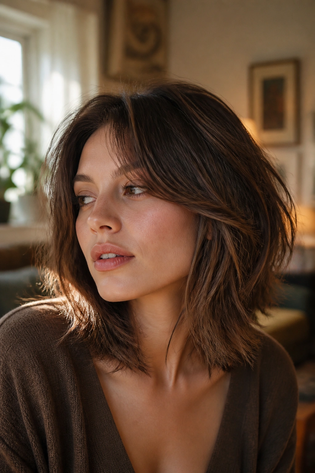 Portrait of a real woman with collarbone-length shag and feathered ends.