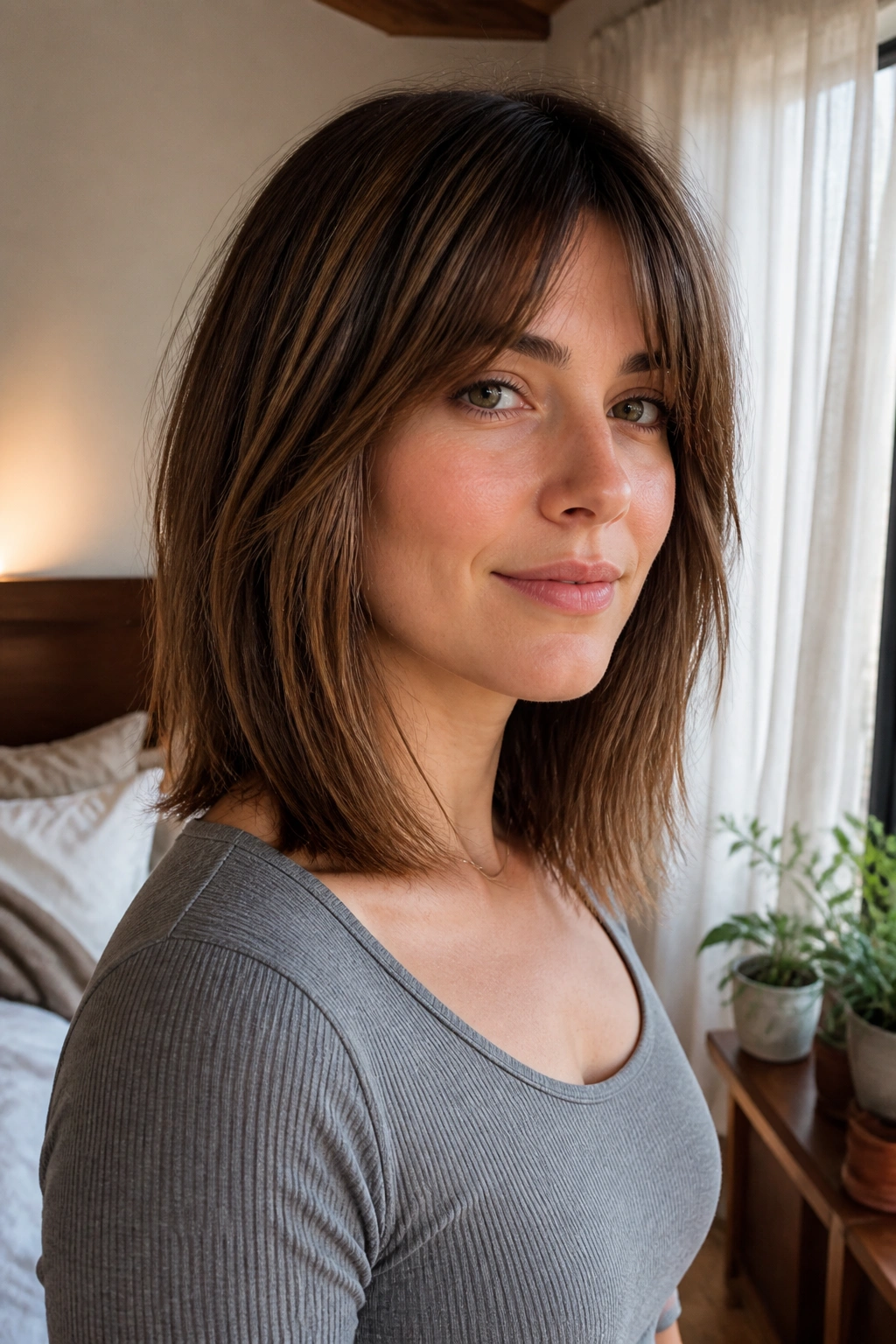 Close-up of real woman with collarbone-length shag for fine hair under warm window light