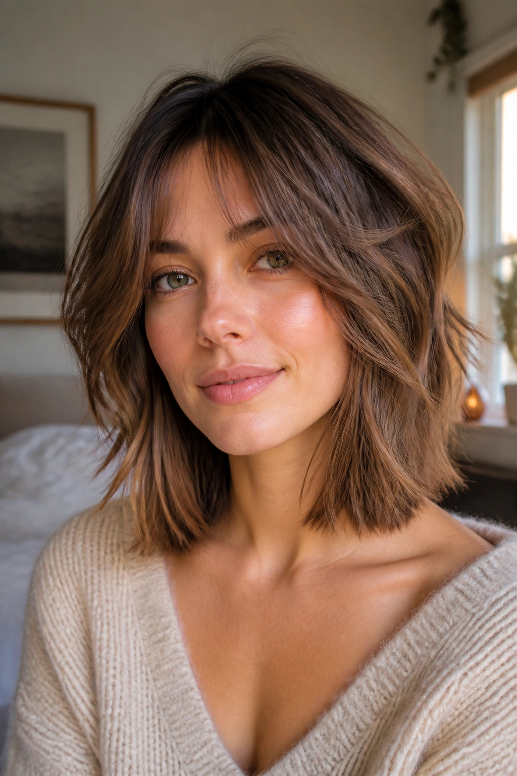 Close-up of a real woman with a collarbone-length shag, natural window light