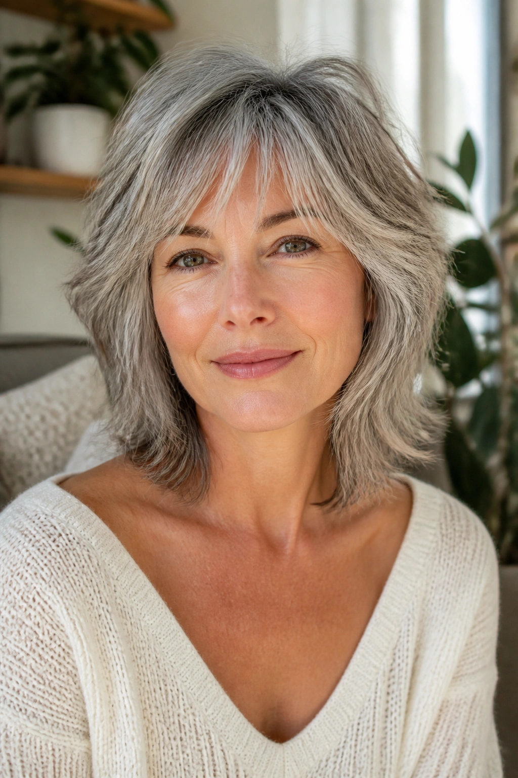Portrait of a real woman with collarbone-length shag and feathered fringe.