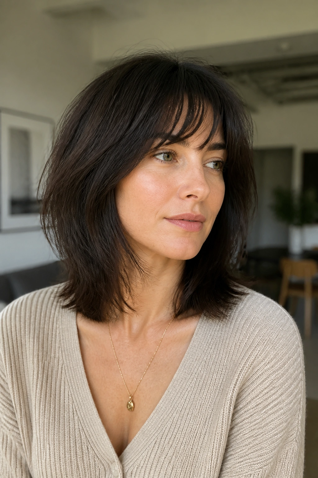 Close-up portrait of a real woman with collarbone-length shag and invisible layers
