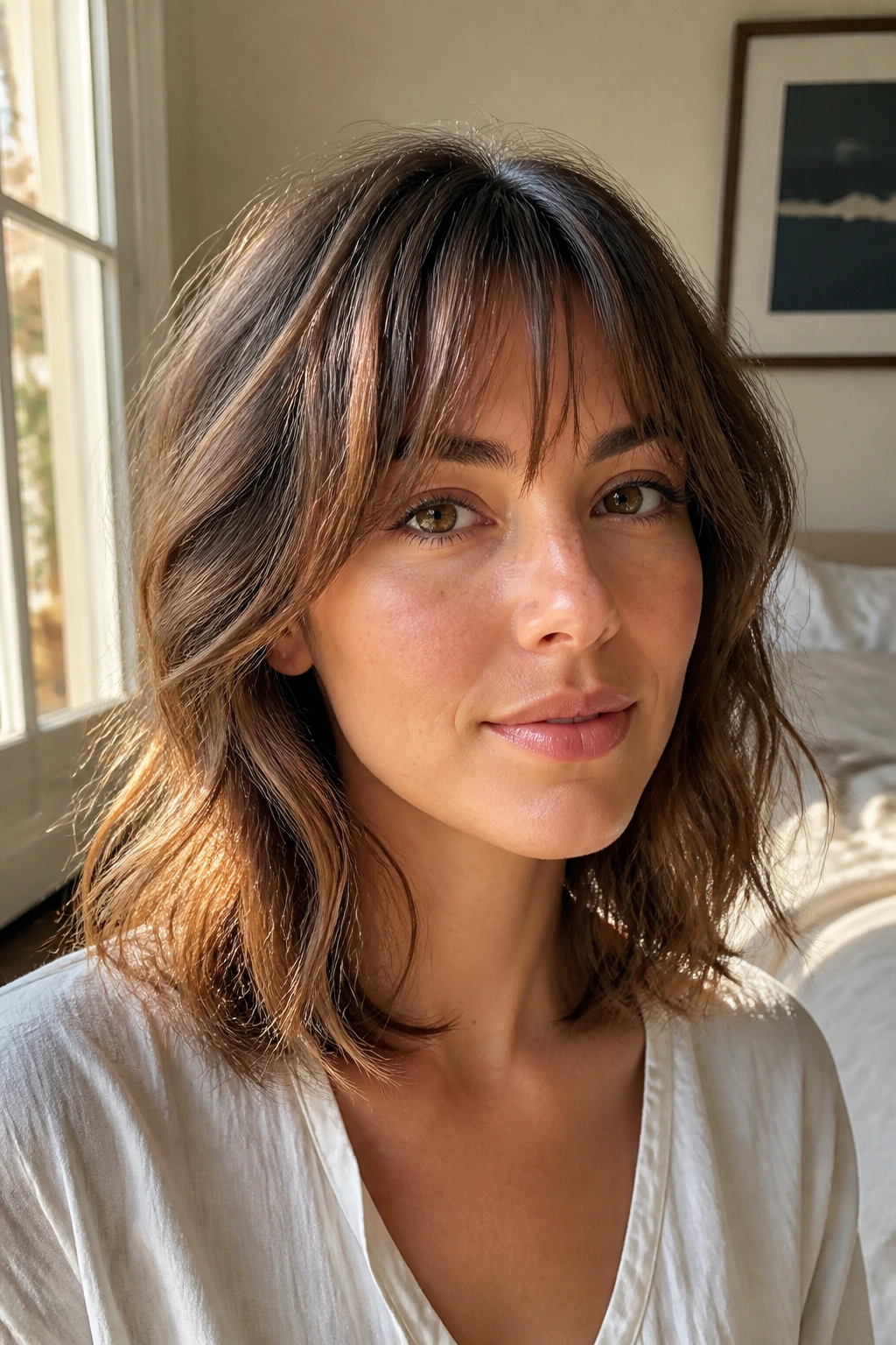Close-up portrait of a real woman with collarbone-length shag and piecey bangs in warm bedroom light