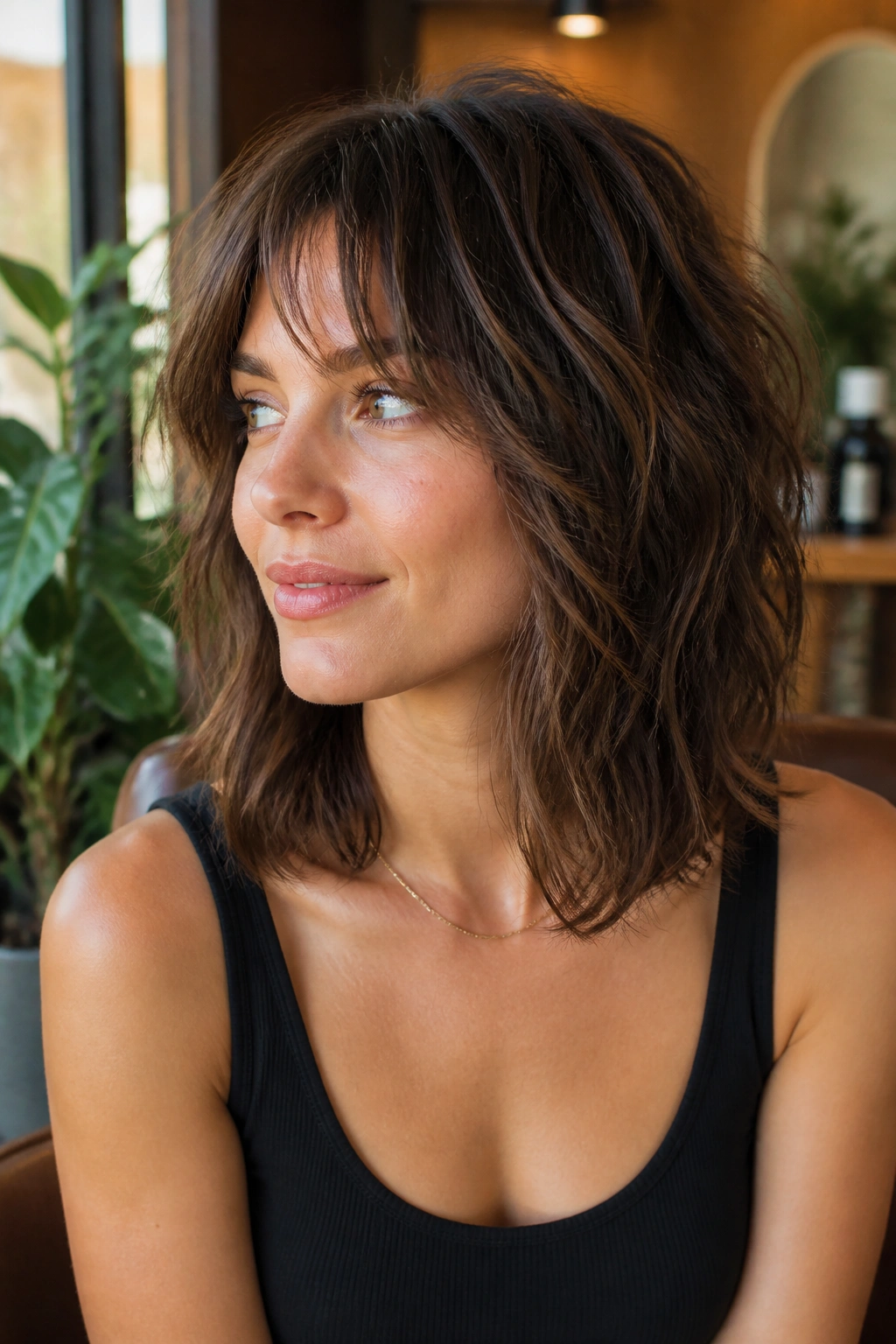 Close-up of a real person with a collarbone-length shag and soft tapered ends in a sunlit salon