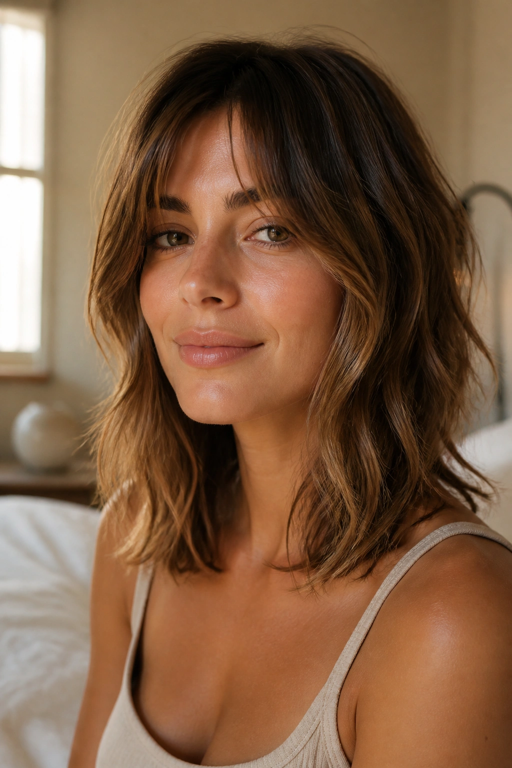 Close-up of a woman with collarbone-length shag and loose waves in soft window light