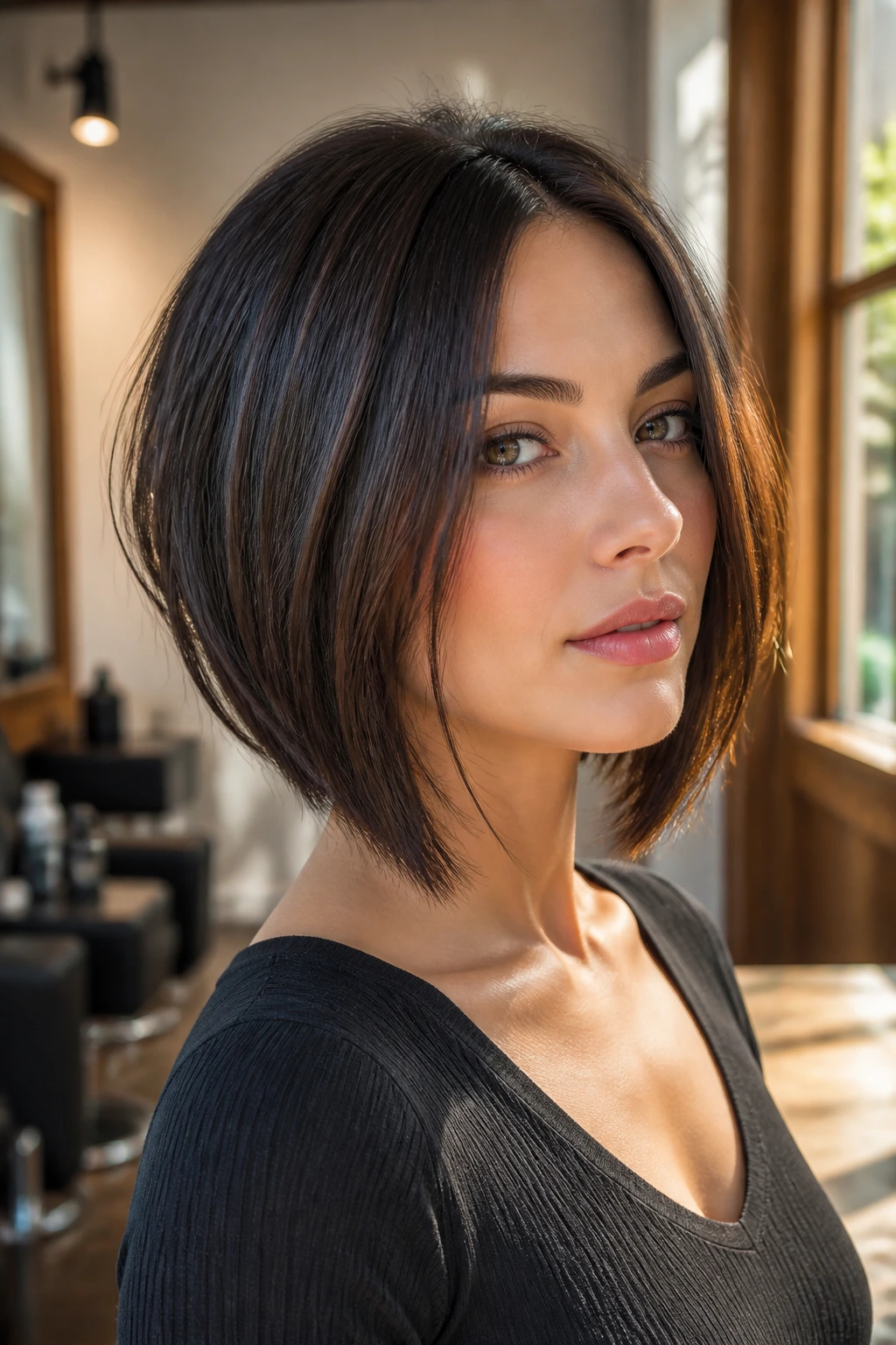 Close-up portrait of a woman with a collarbone-skimming inverted bob.