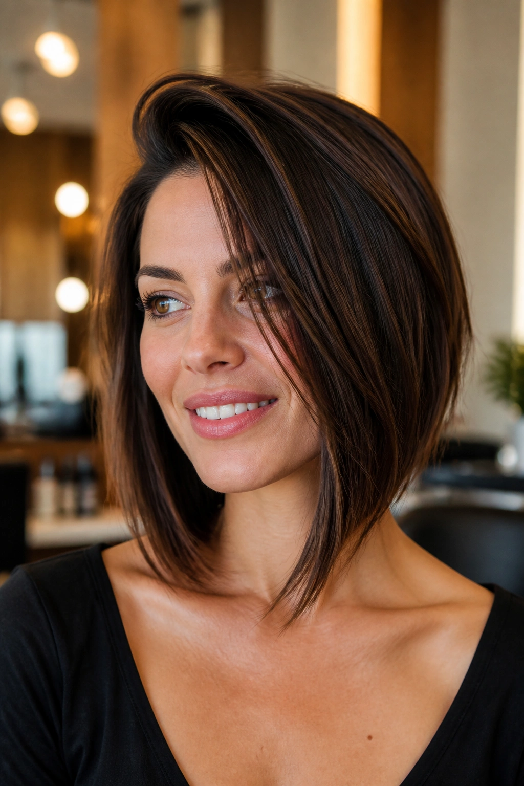 Real woman with collarbone-length front and deep side part in a long stacked bob