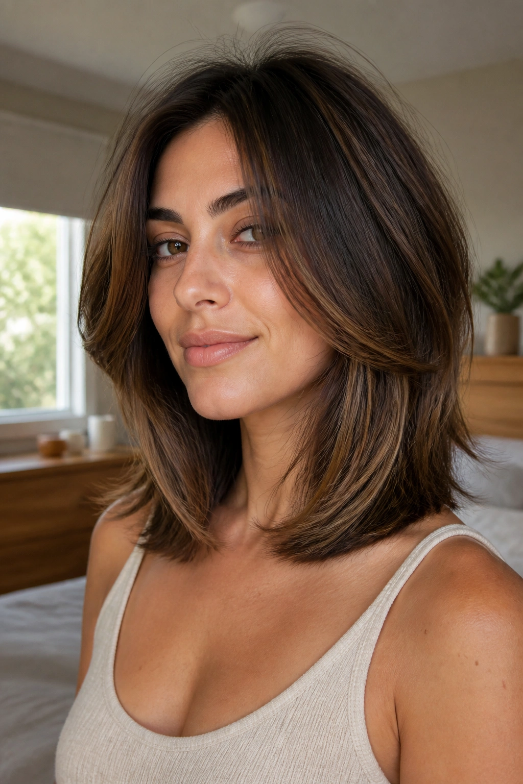Close-up portrait of a woman with a collarbone-length stacked haircut and soft face-framing pieces.