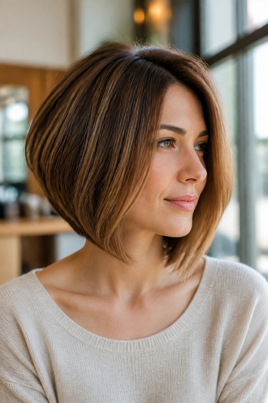 Portrait of a real woman with a collarbone-length stacked bob framing the jaw.