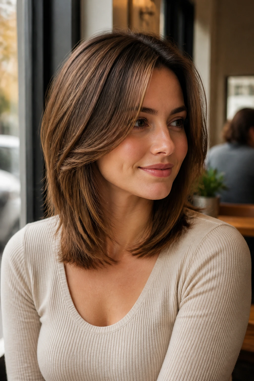 Portrait of a real person with a collarbone-length stacked haircut and soft ends.