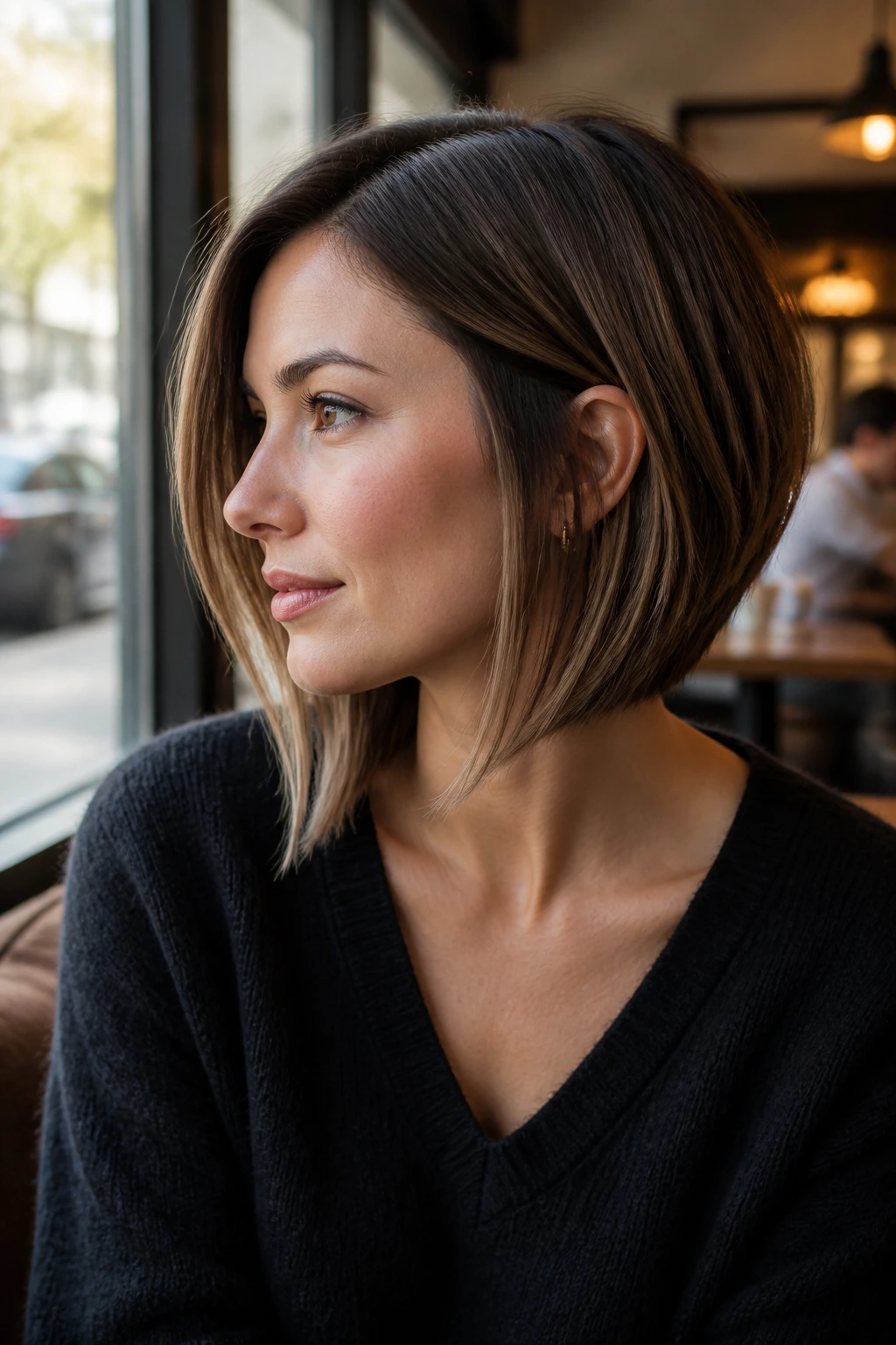 Real woman with collarbone-length stacked bob and lifted back