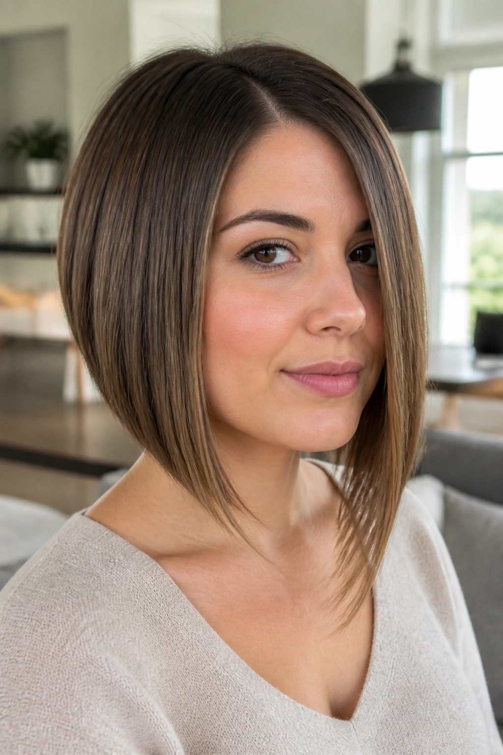 Real woman with long-front angled bob sweeping to collarbone in bright room