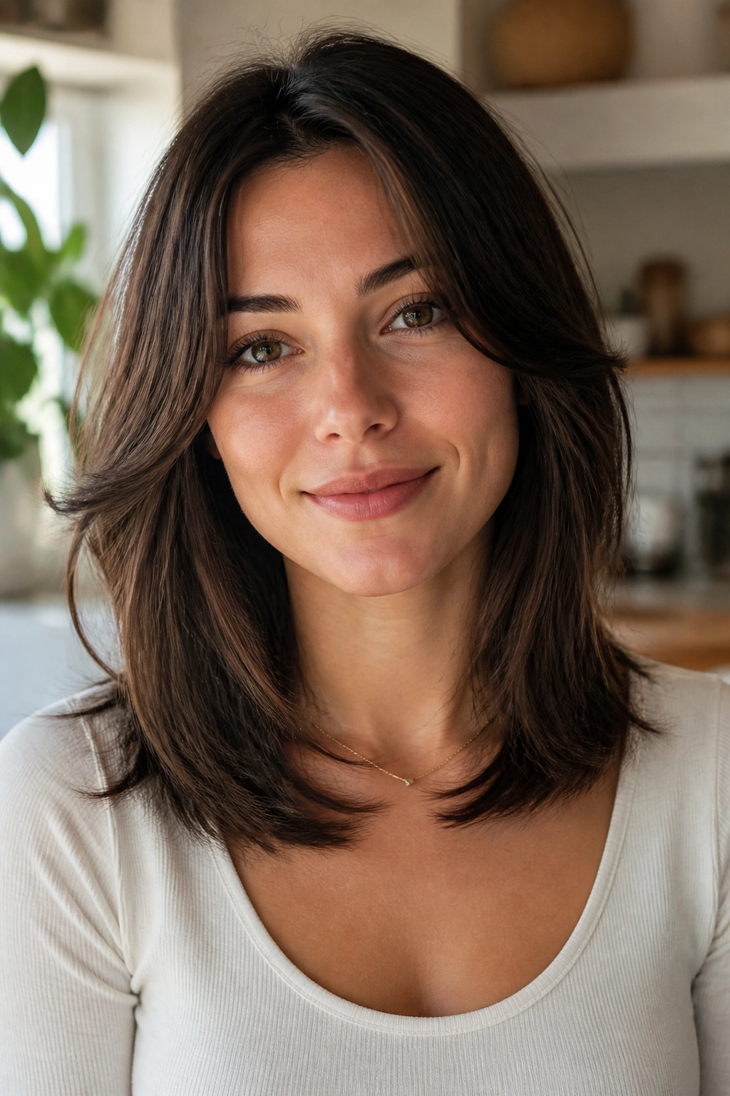 Close-up of a real woman with collarbone-length U-cut and invisible layers