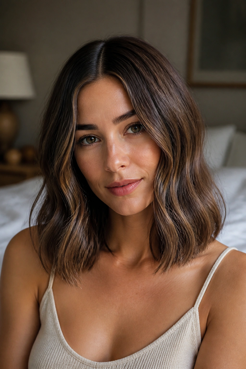 Close-up of a real woman with collarbone-length waves and a clean center part