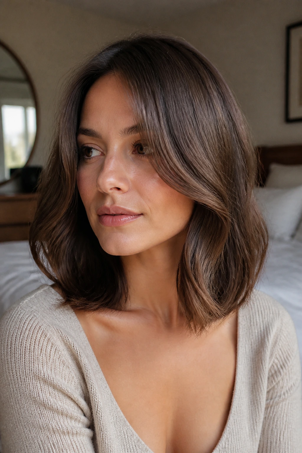 Close-up of collarbone-length hair with soft C-bend waves on a real woman