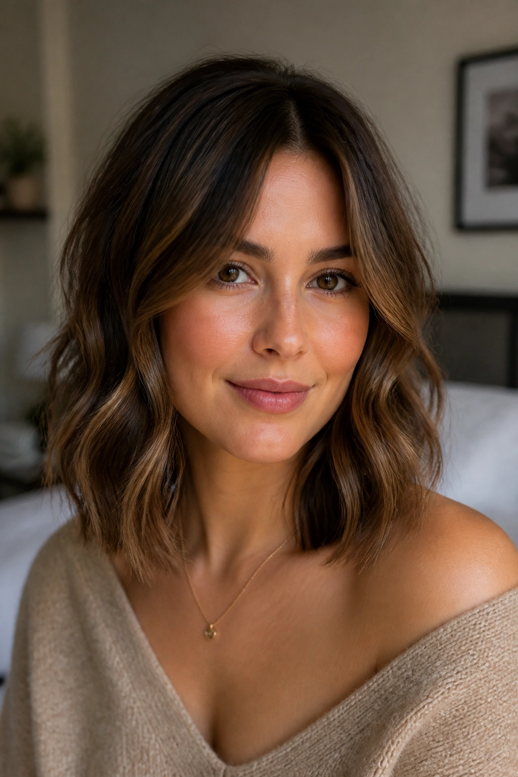 Close-up portrait of a real woman with collarbone-grazing soft waves for a round face in natural bedroom light